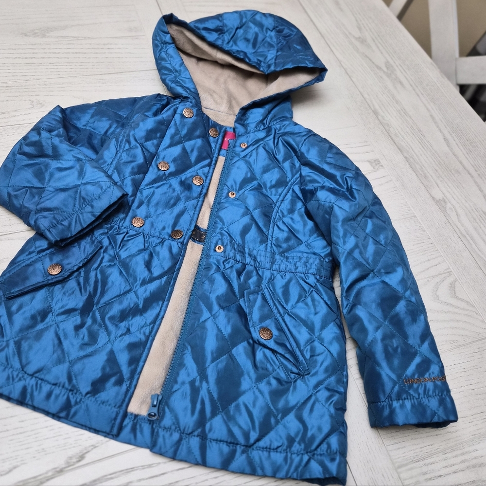 London fog 5T Girl Blue Button Coat Quilted & Faux Fur Excellent Condition